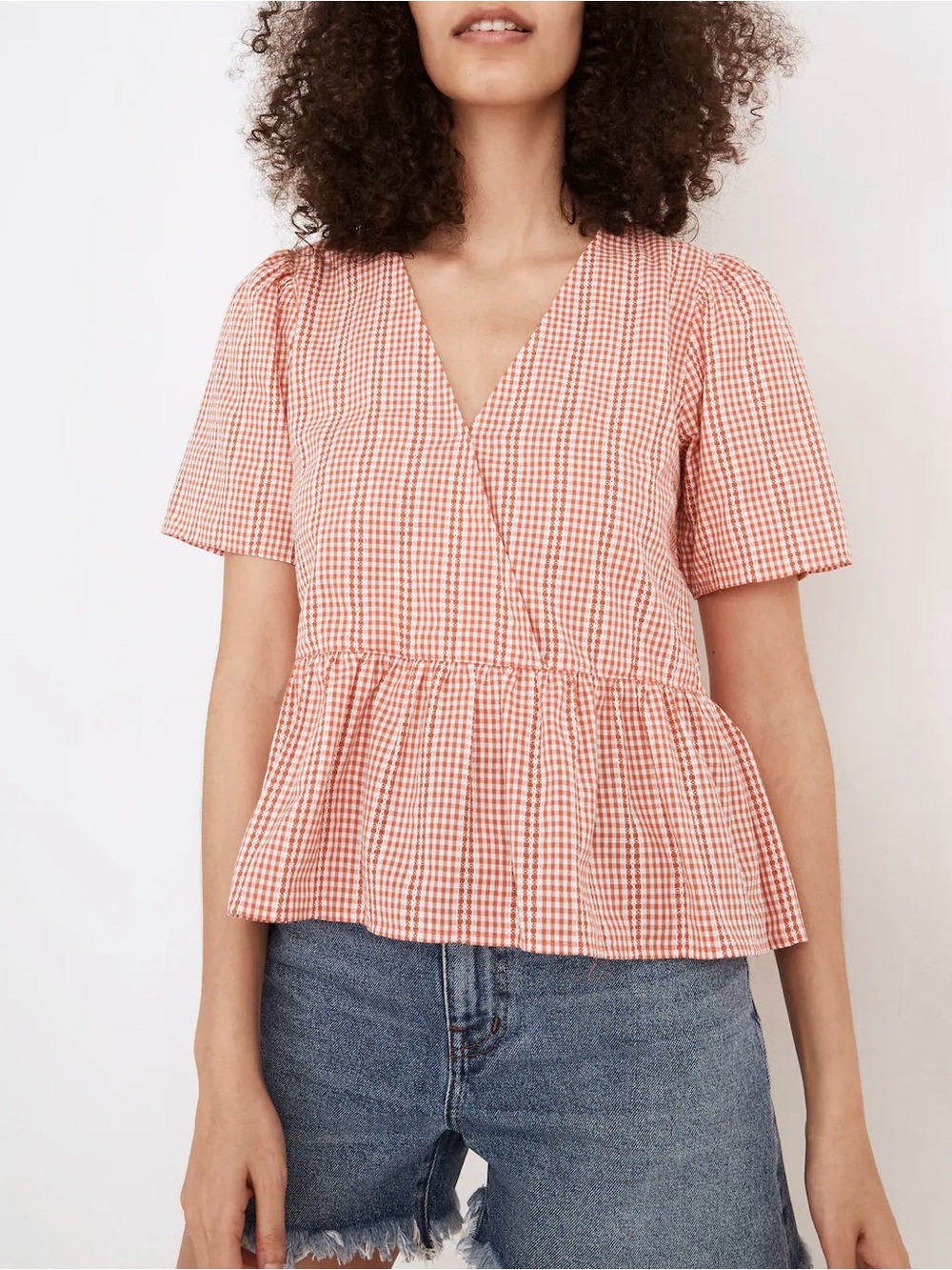 Madewell Crossover Peplum Top in Textured Gingham Lace Rusted Clay XL